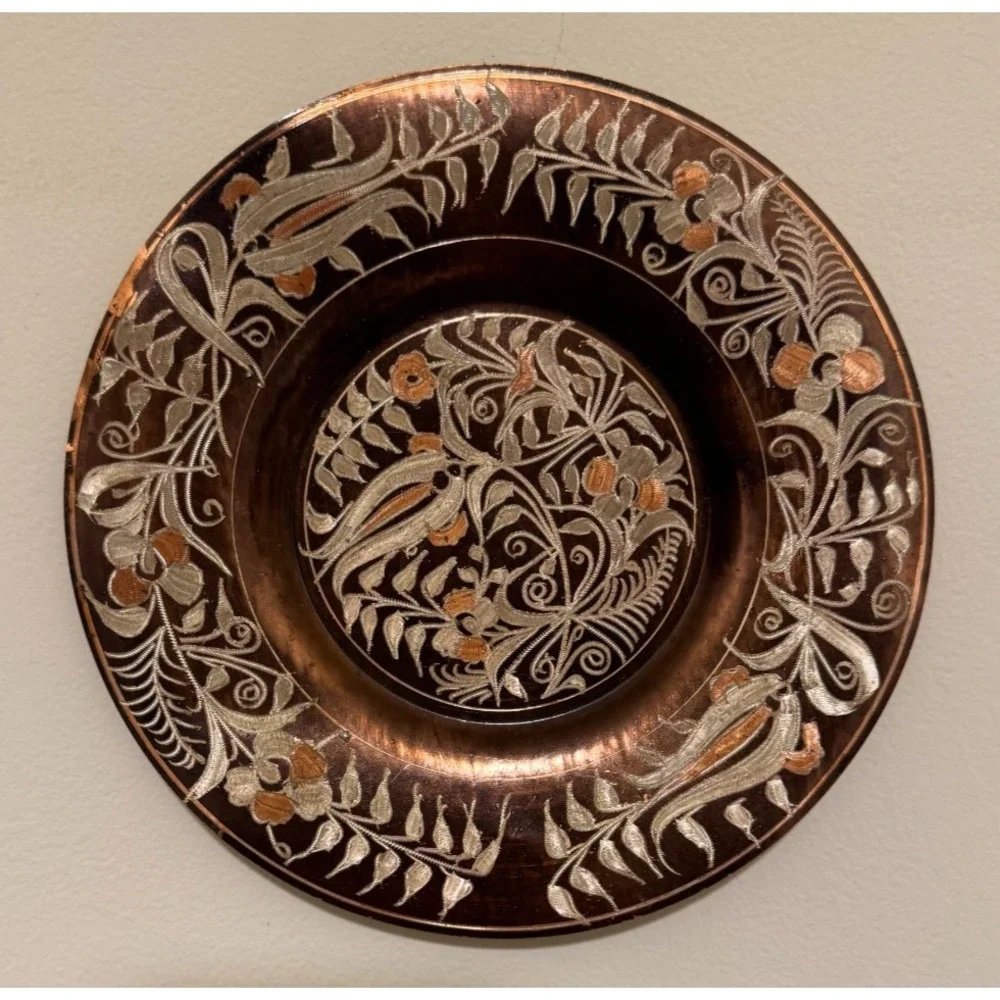 Vintage Copper Plate Hand Etched Floral Design Made in Turkey Wall Hanging 7